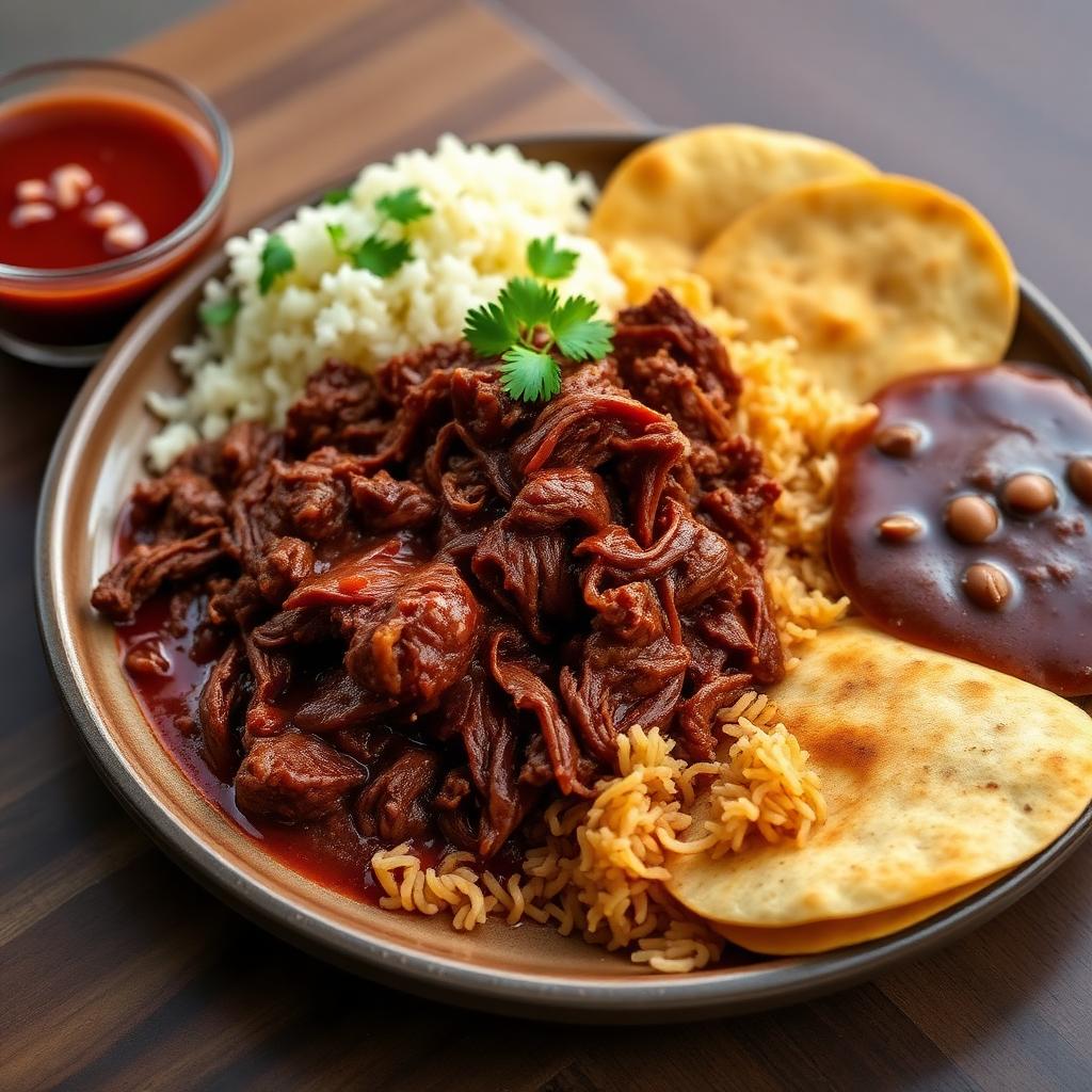 Birria plate with rice, beans, tortillas and consomé
