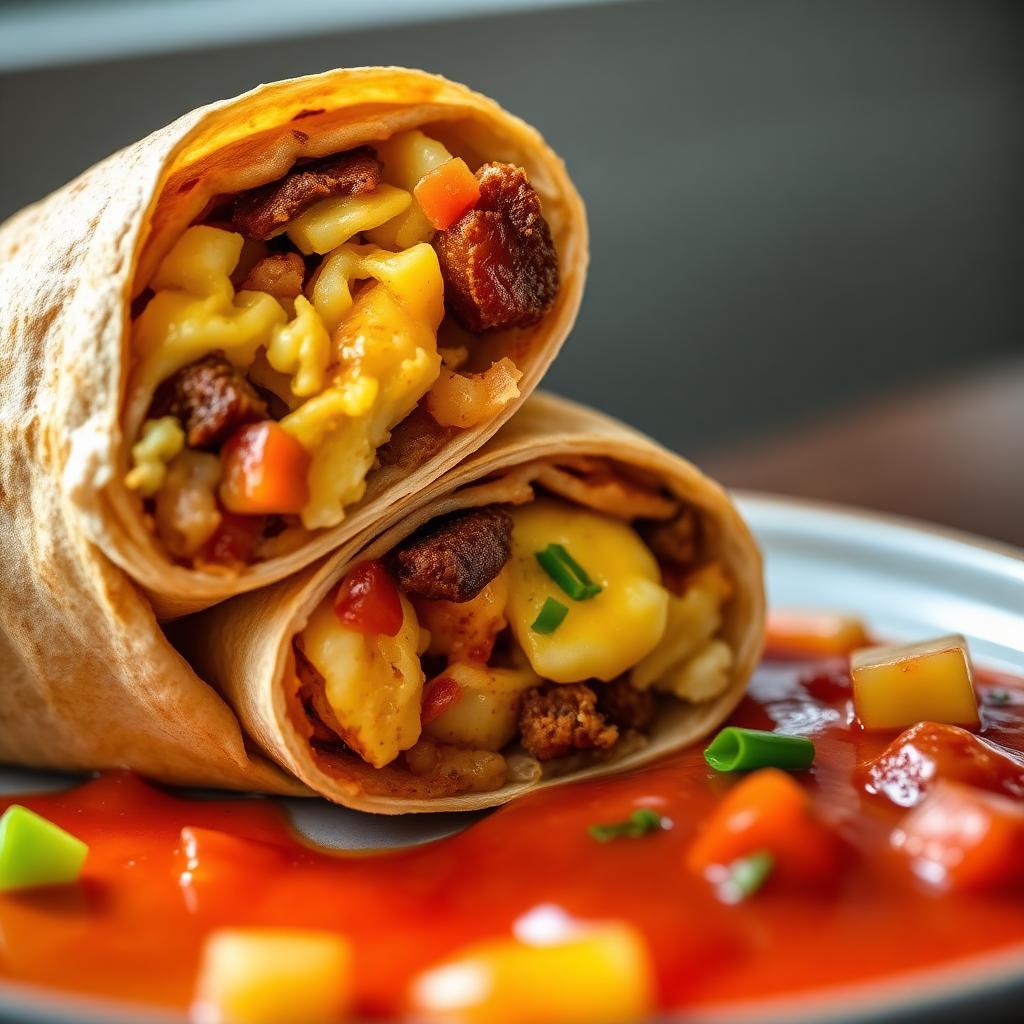 Mexican breakfast burrito with eggs, chorizo and potato