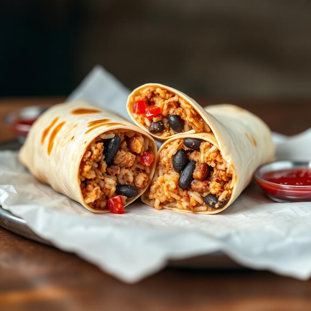 Hand-rolled flour tortilla burrito with meat and beans