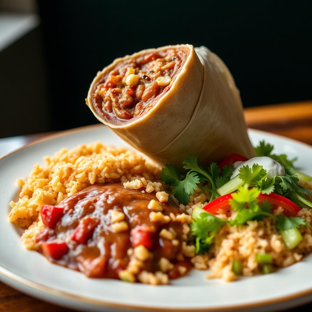 Wet burrito plato with rice, beans and sour cream