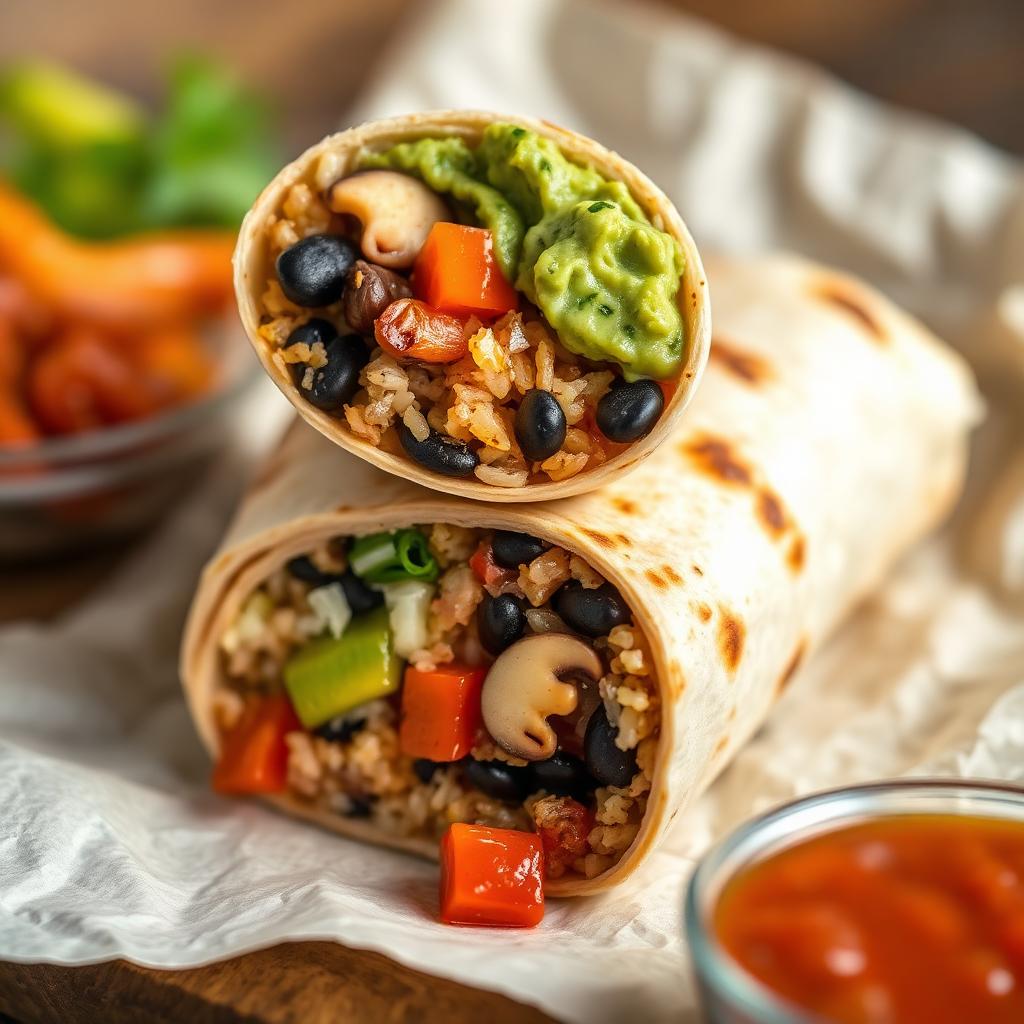 Vegetarian burrito packed with beans and veggies