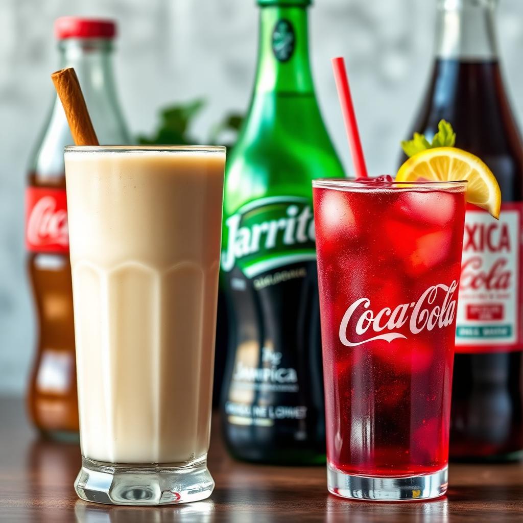 Mexican drinks including horchata, jamaica and Jarritos