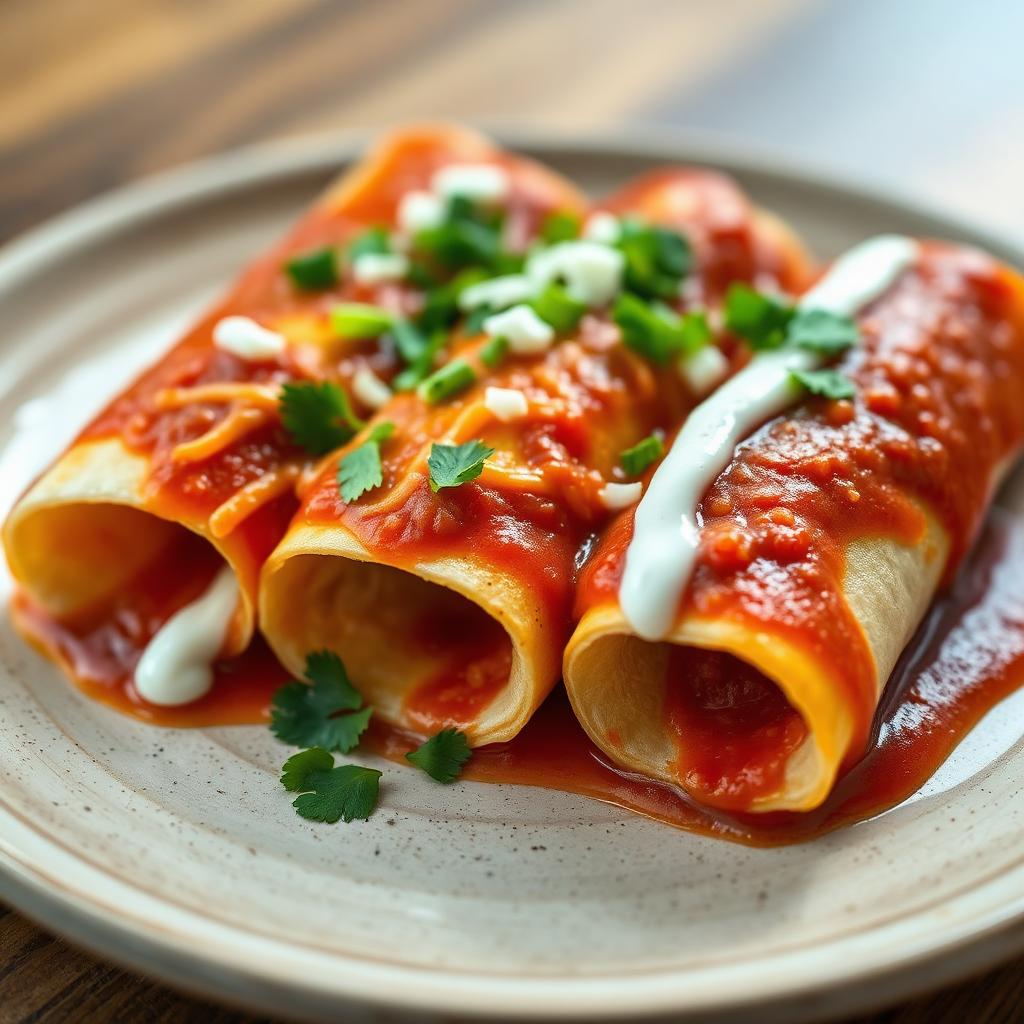 Red sauce Mexican enchiladas with melted cheese