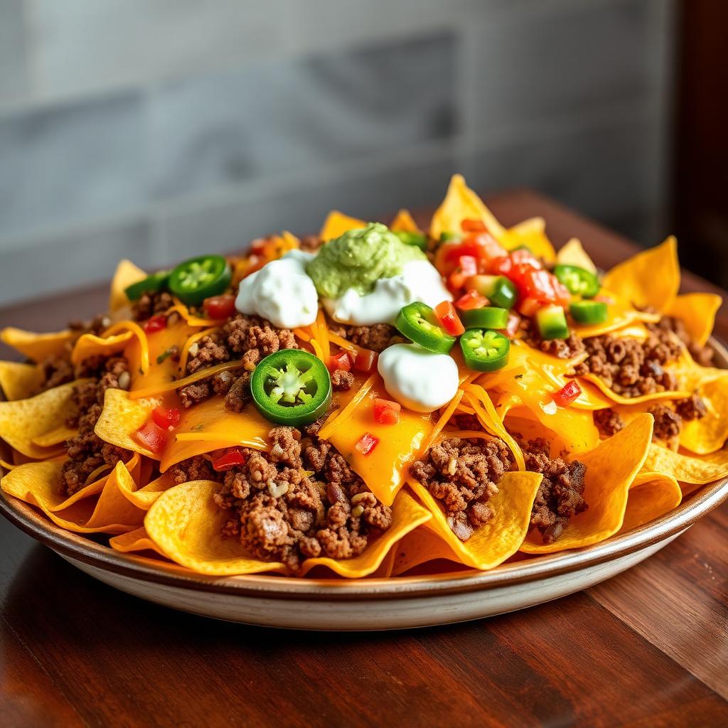 Loaded Mexican nachos with cheese, beans and jalapeños