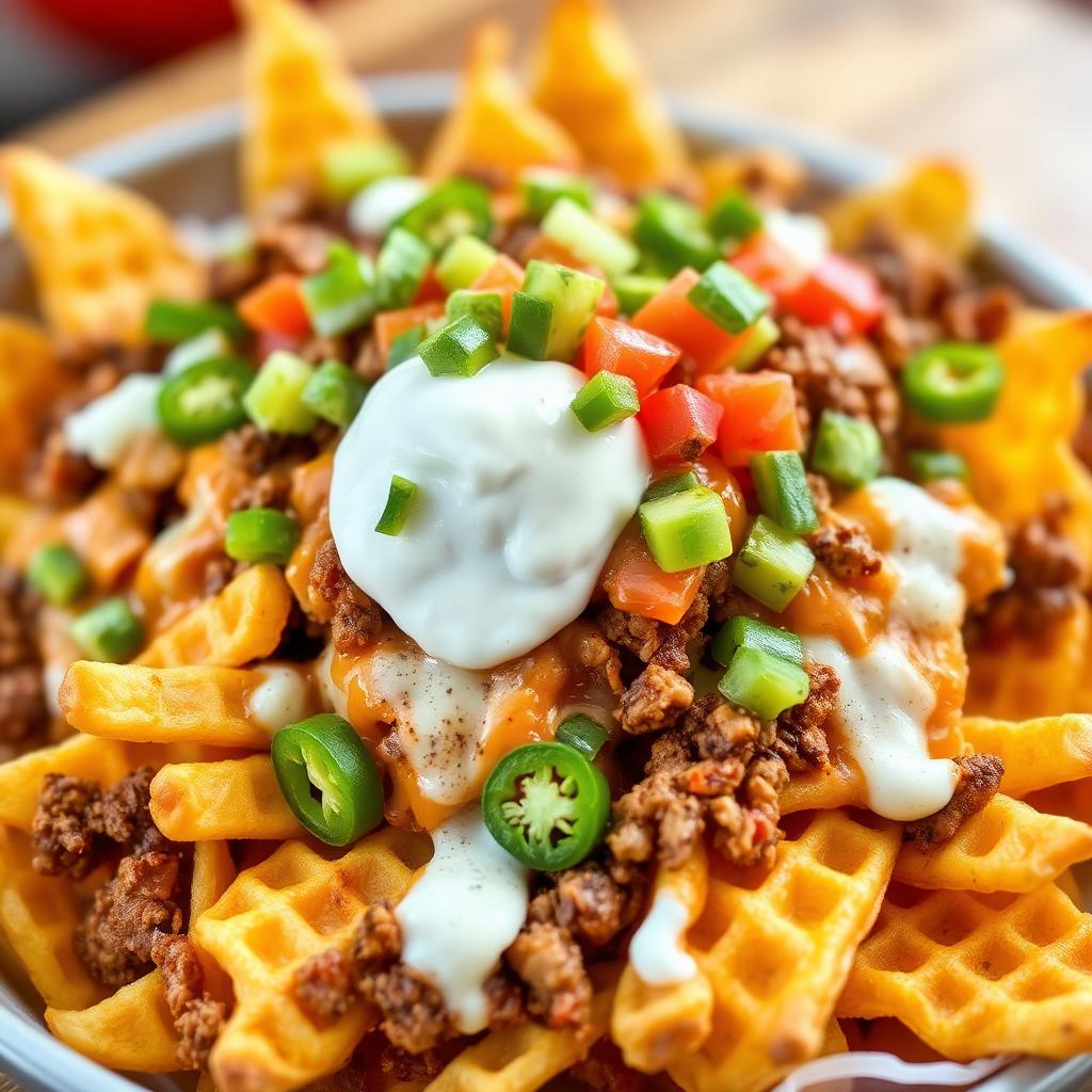 Crispy potato nachos with cheese and toppings