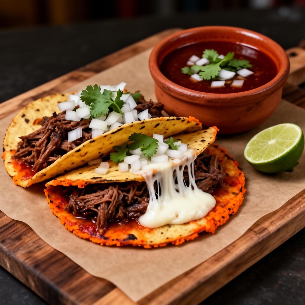Cheesy birria tacos with consomé for dipping