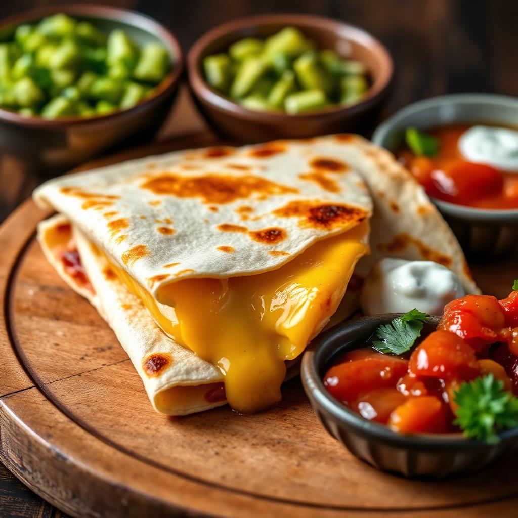 Mexican cheese quesadilla with guacamole and salsa