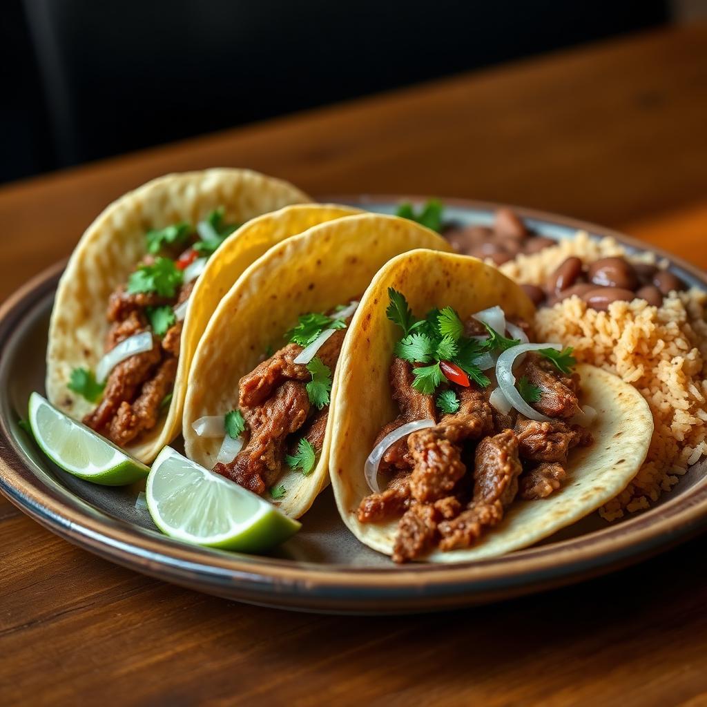 Taco plate with three tacos, rice and beans