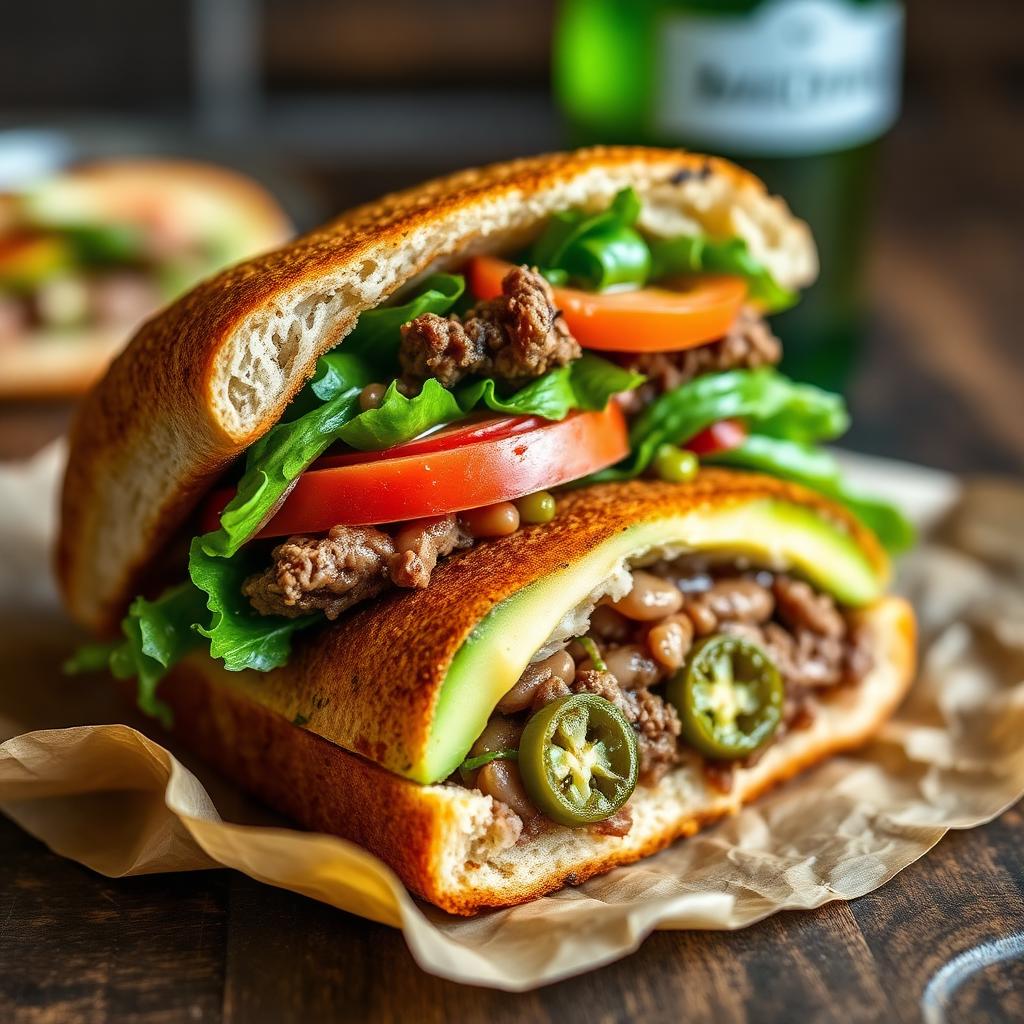 Freshly prepared Mexican torta sandwich on telera bread