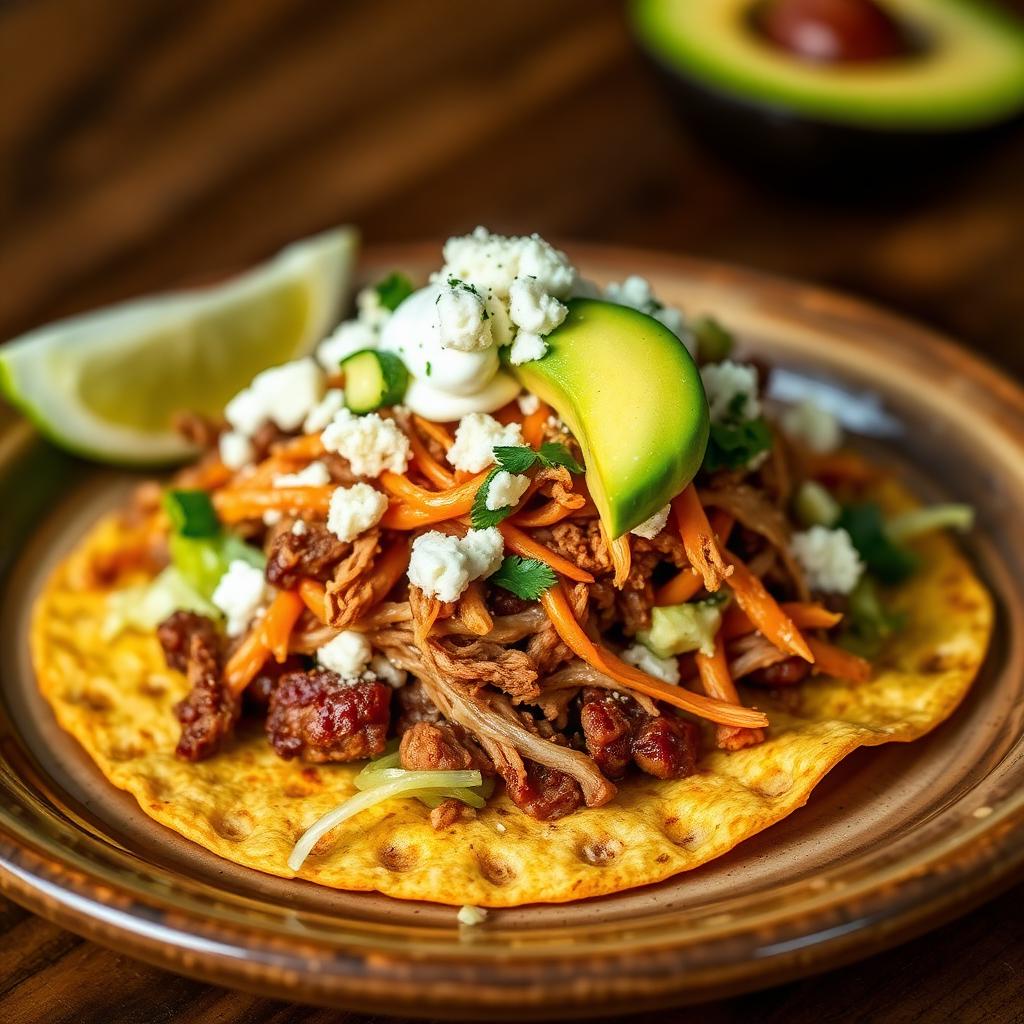 Crunchy Mexican tostada with beans, meat and queso fresco